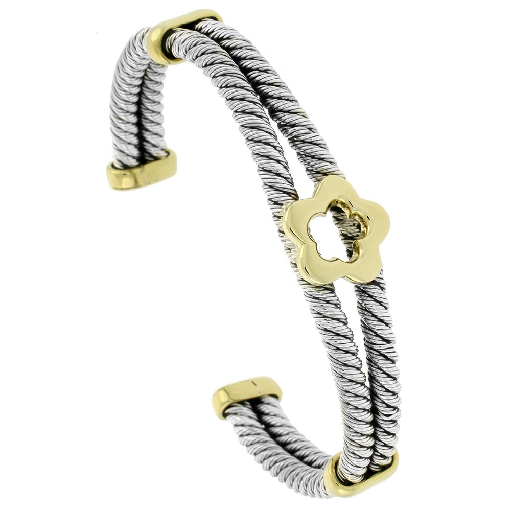 Sterling Silver & Brass Double Cable Cuff Bracelet with Floral Center - 1/2 Inch Wide - Elegant Boho Jewelry for Women - Perfect for Weddings, Parties & Everyday Wear