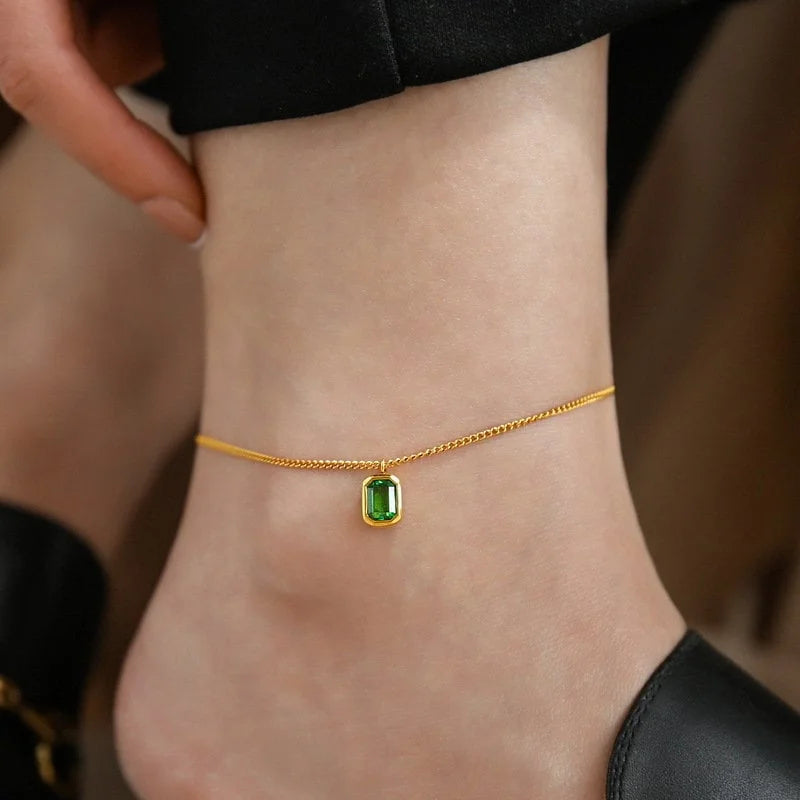 Vintage Titanium Green Crystal Waterproof Ankle Bracelet for Women | Adjustable Chain Anklet | Perfect for Beach, Swimming & Everyday Wear | TB8550