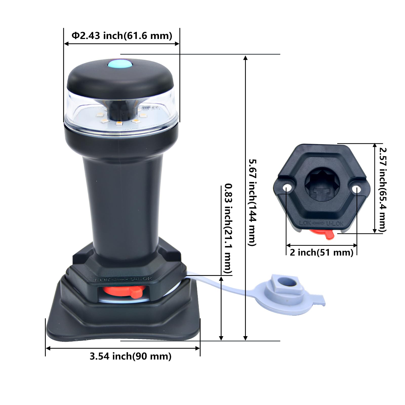 Portable Kayak Battery LED Navigation Lights with Multi-Adaptors - 3AA Battery Powered, Waterproof for Inflatable Boats - Surface Mount Adhesive Base (White with Fixed Base) - Perfect for Night Fishing, Camping & Water Sports