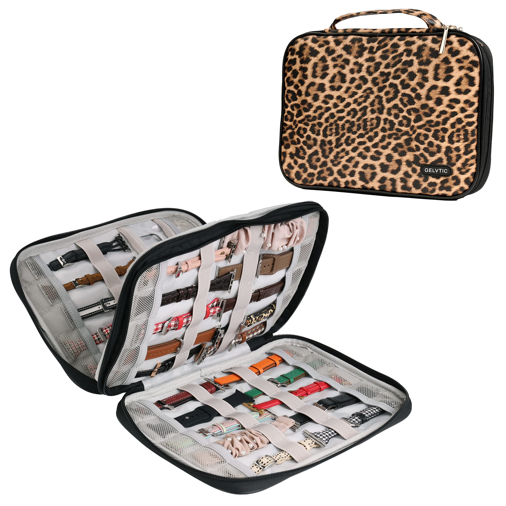 Gelvtic Leather Watch Band Storage Case - Holds 35 Watch Straps, Organizer Bag for Apple Watch Bands & Smartwatch Accessories (Leopard) | Perfect for Travel, Home Organization & Watch Collector Display