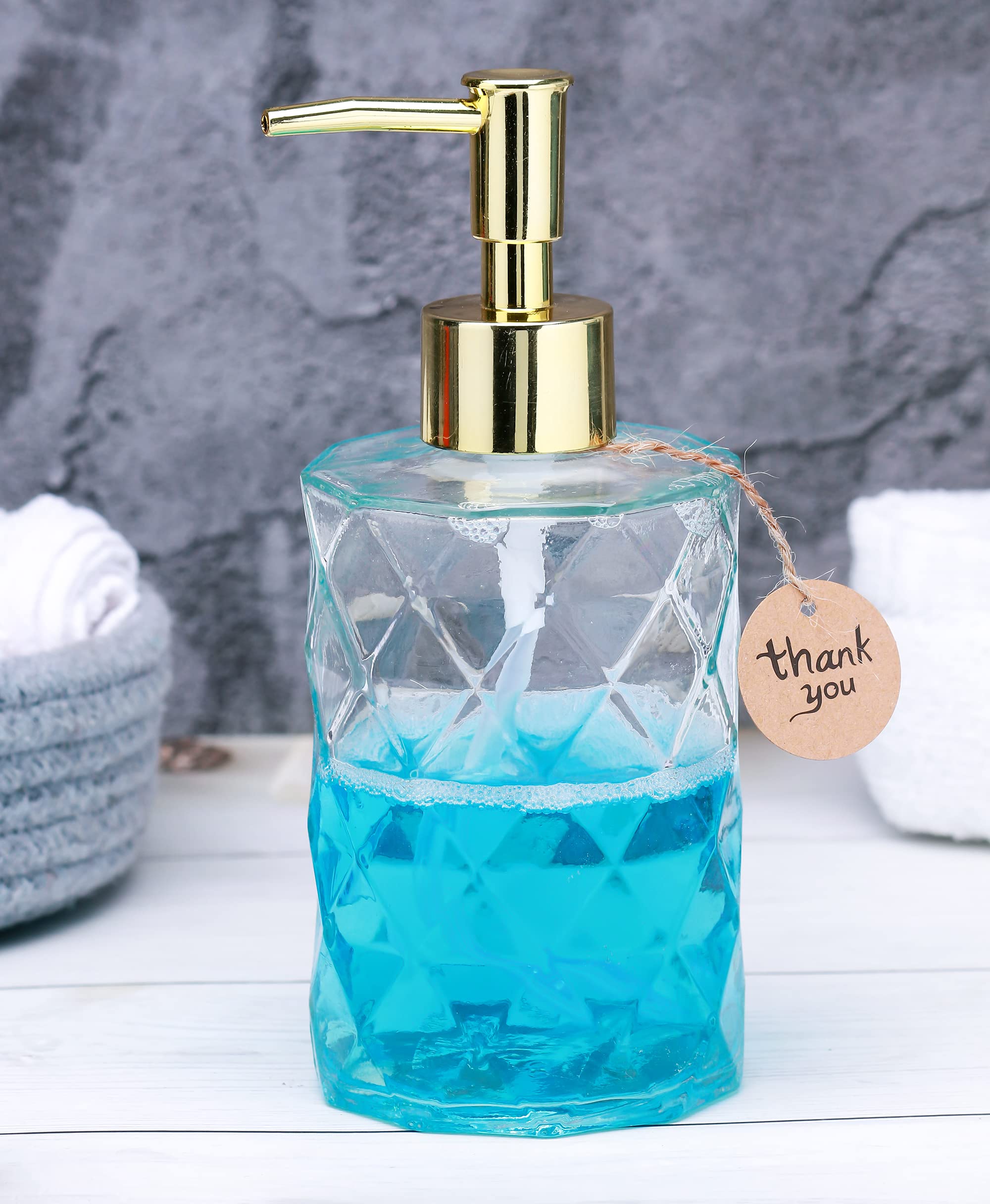 12 Oz Glass Soap Dispenser for Kitchen & Bathroom - Rustproof Pump, Crystal Clear Refillable Liquid Lotion Dispenser with Diamond Design - Perfect for Hand Soap, Dish Soap, and Lotion in Home & Office