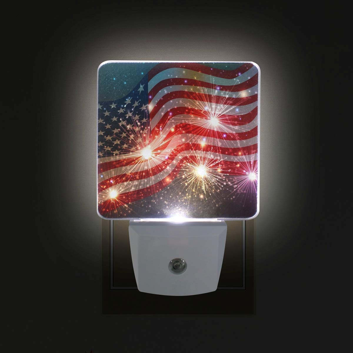 ALAZA 2 Pack Patriotic LED Night Light with Dusk to Dawn Sensor - American Flag Firework Design Plug-in Lamp for Home, Bedroom, Desk Decor - Perfect for Holidays, Parties & Nighttime Safety