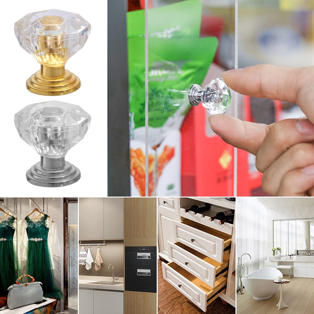 10PCS Diamond Crystal Glass Cabinet Knobs - Gold Jewelry Box Drawer Pulls - Vintage Furniture Handles for Wardrobe, Dresser & Vanity - DIY Hardware Replacement Parts (Gold)