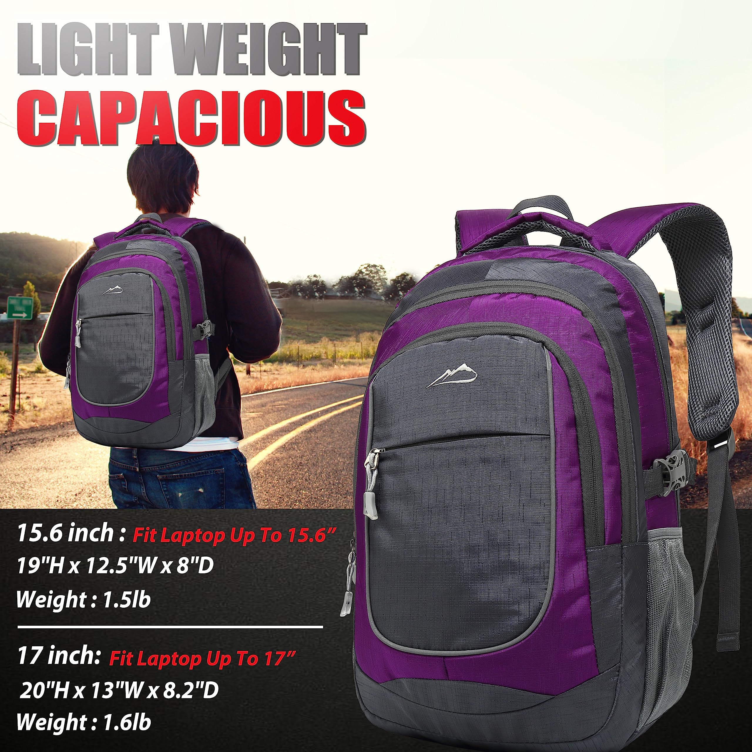 Durable 15.6 Inch Laptop Backpack for School, College, Travel & Hiking - Multi-Compartment Water-Resistant Book Bag with USB Charging Port & Reflective Strips (Black/Purple) - Perfect for Students, Professionals & Outdoor Enthusiasts