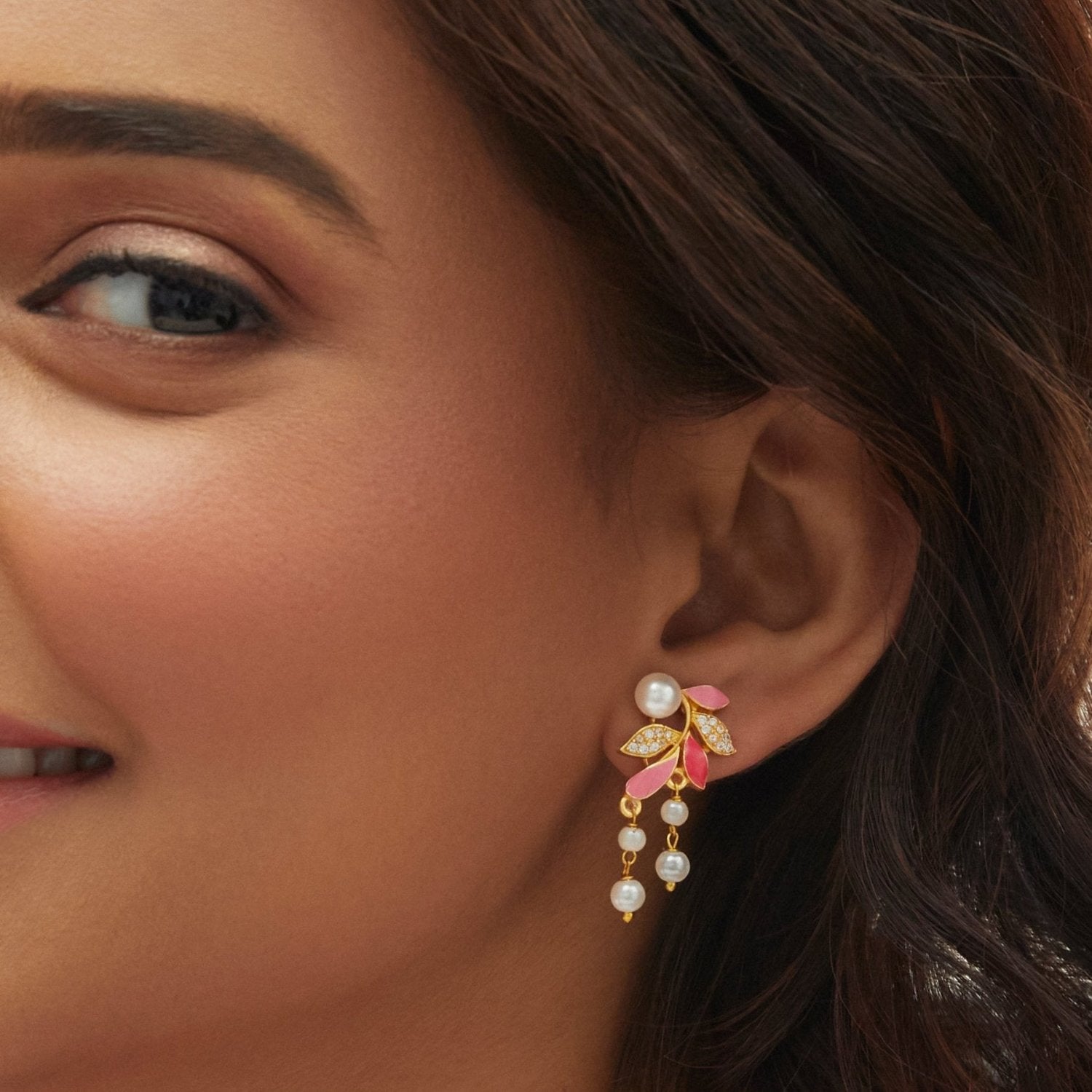 Eriha Pearl CZ Pink Leaf Drop Earrings for Women - Elegant Dangle Earrings for Party, Wedding & Evening Wear