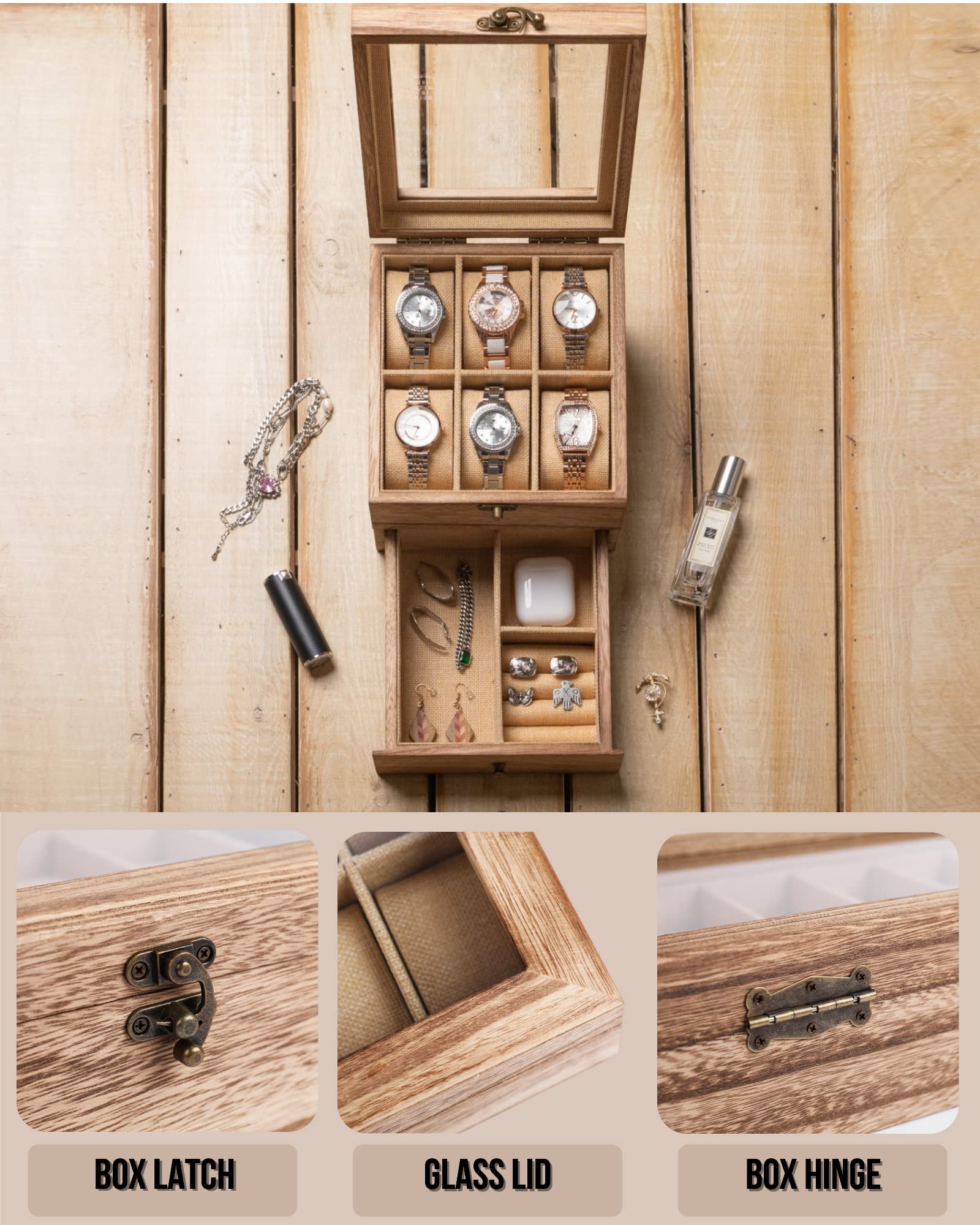 Premium Wooden Watch Box with Large Glass Lid - 2 Layers & 6 Slots Watch Display Case for Men & Women - Perfect for Watch Collection Storage, Gift Presentation & Travel Organization