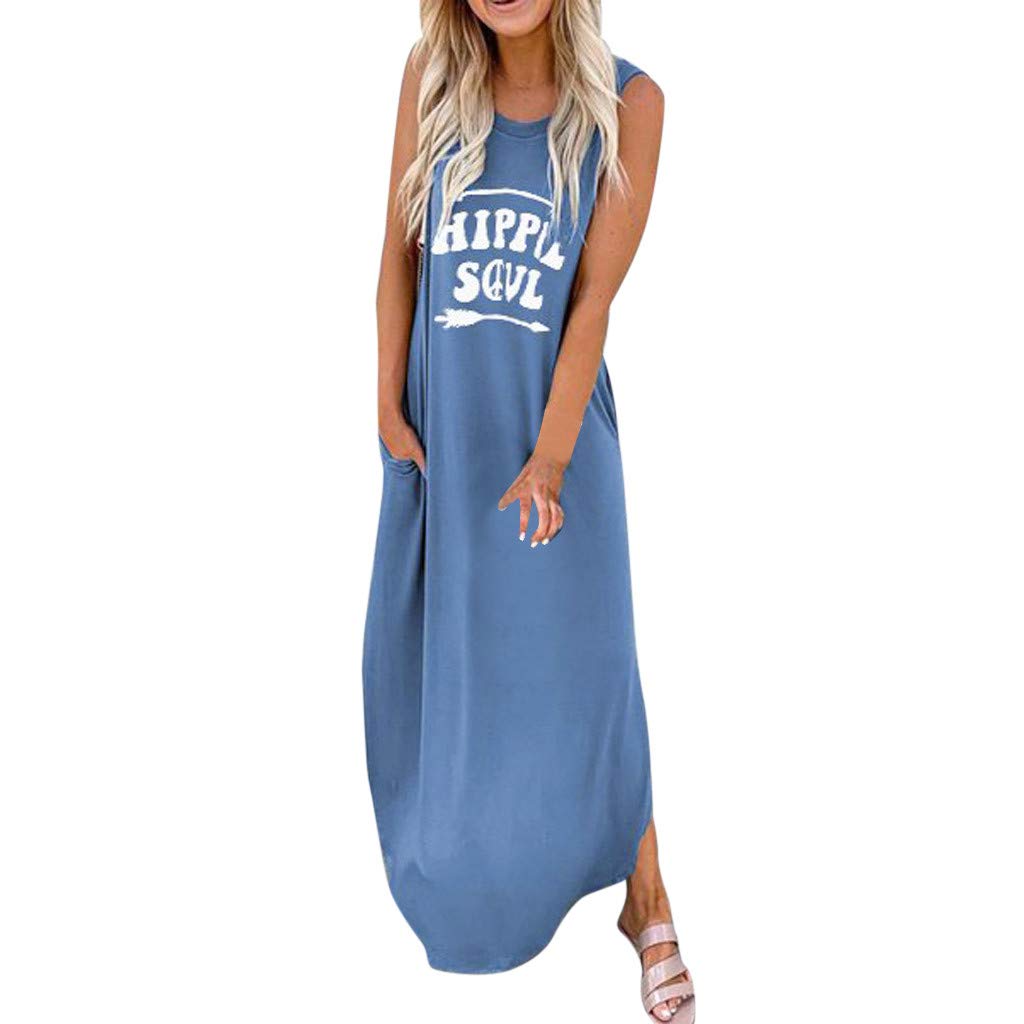Women's Casual Long Sleeveless Maxi Dress - Floral Printed Bohemian O-Neck Summer Dress for Wedding Guest, Beach Vacation & Daily Wear