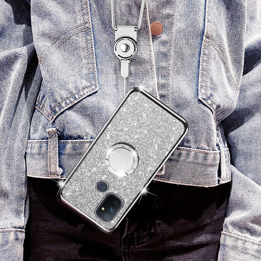 OnePlus Nord N100 Phone Case with Ring Kickstand & Lanyard - Cute Glitter TPU Bumper Cover for Shockproof Protection (Silver) - Perfect for Women, Men & Teens - Daily Use, Work, Travel & Outdoor Activities