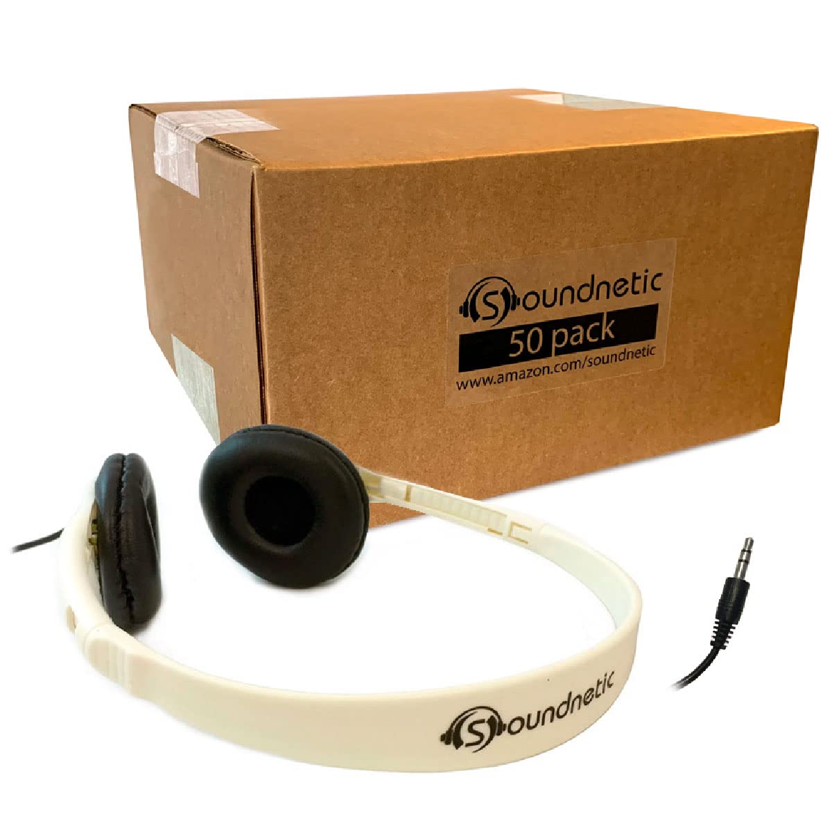 Soundnetic SN401 Classroom Stereo Headphones - 50 Pack Bulk Headphones with Leatherette Earpads, 3.5mm Plug, Noise Isolation for School, Library & Online Learning (White)