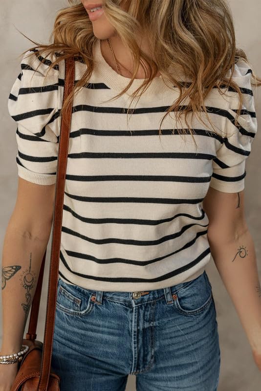 Dokotoo Women's Short Puff Sleeve Knit Top - 2025 Trendy Striped Crewneck T-Shirt | Casual Summer Blouse for Streetwear, Beach & Date Night Outfits