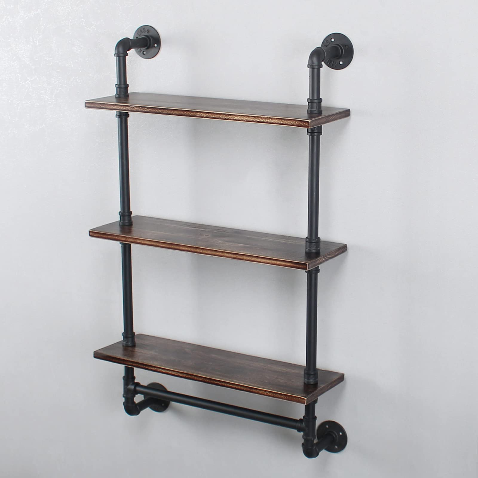 Industrial Pipe Shelving - 24in Rustic Metal Pipe Floating Shelves with Towel Bar | 3-Tier Wall Mounted Iron Pipe Shelves for Bathroom & Living Room | Retro Black Industrial Shelf for Storage & Home Decor