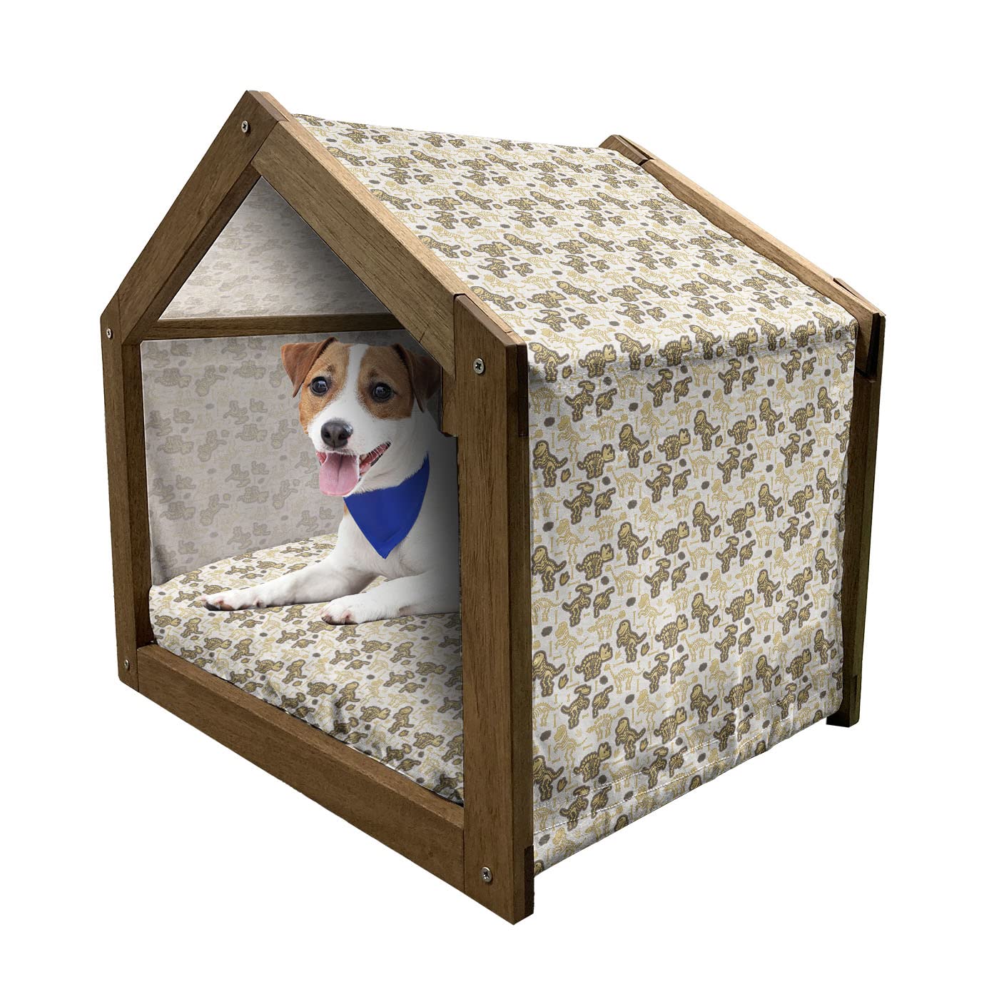 Ambesonne Halloween Wooden Pet House for Dogs - Dinosaur Skeletons & Fossil Bones Design, Scary Creature Archaeology Theme Indoor/Outdoor Portable Dog Kennel with Pillow & Cover, Medium Size Beige Brown White - Perfect for Halloween Decor & Pet Comfort