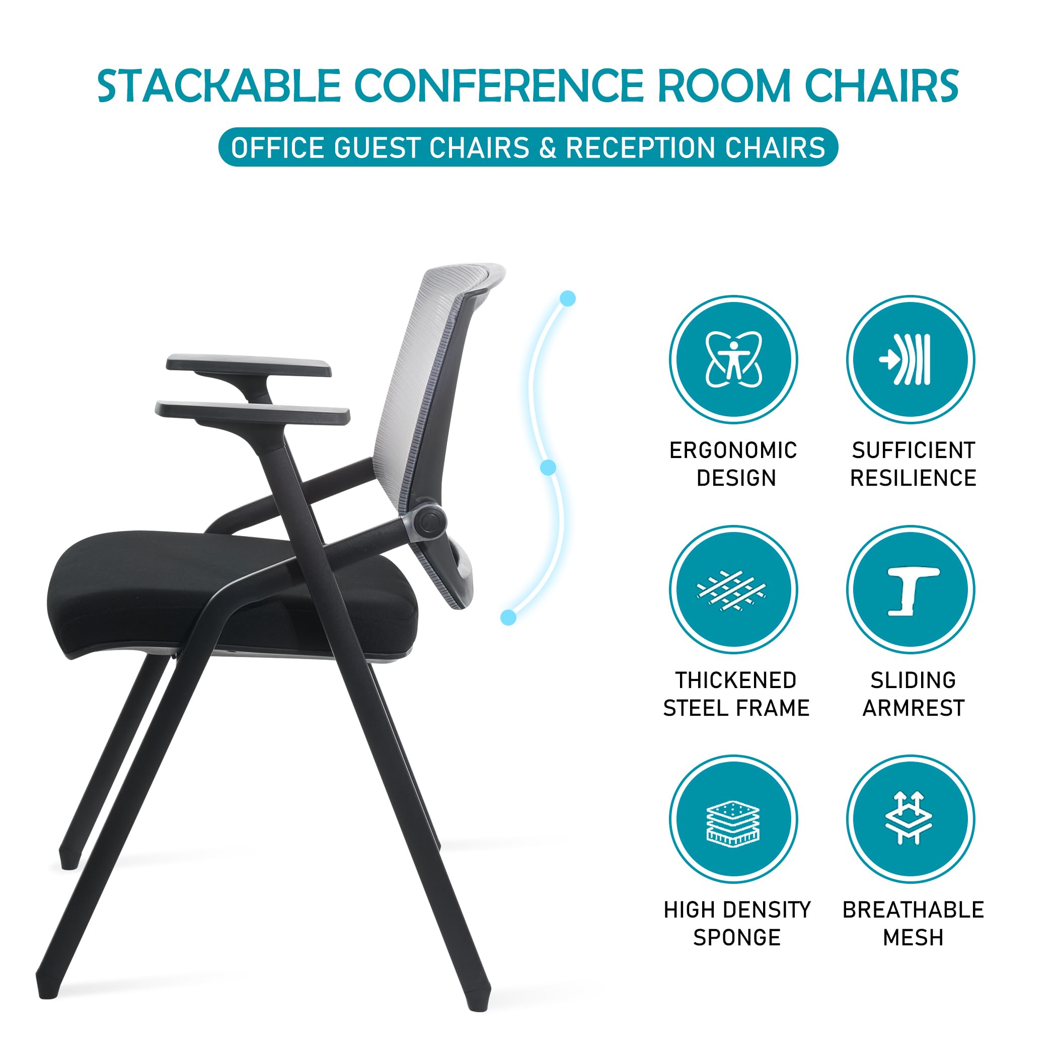 20 Pack Stackable Conference Room Chairs with Wheels - Ergonomic Folding Office Desk Chair with Lumbar Support & Adjustable Armrests - Perfect for Meeting Rooms, Reception Areas, and Guest Seating