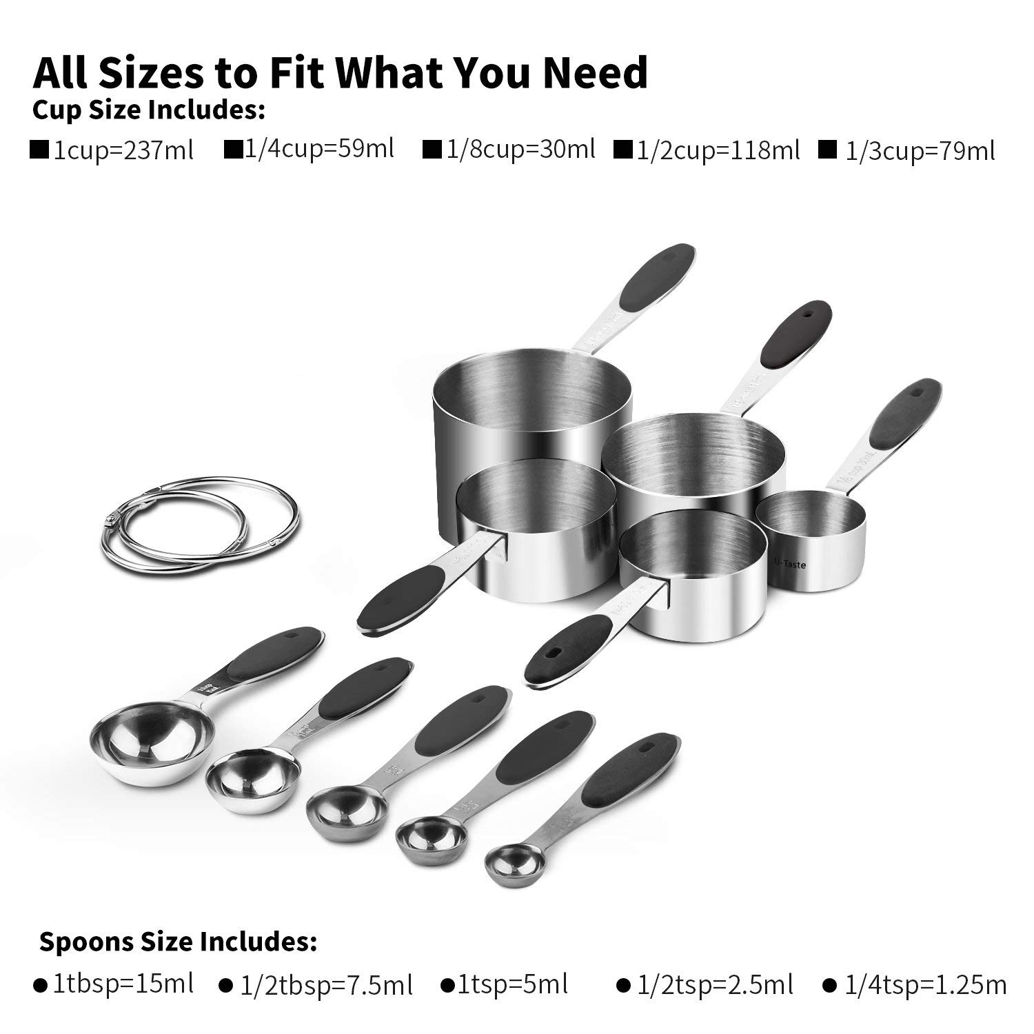 U-Taste 10-Piece 18/8 Stainless Steel Measuring Cups and Spoons Set with Upgraded Thick Handle - Black - Perfect for Baking, Cooking & Meal Prep
