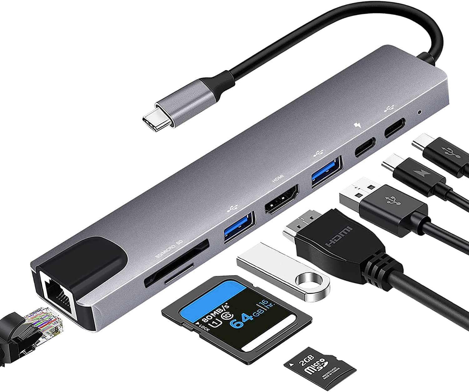 8-in-1 USB C Hub Adapter with 4K HDMI, Ethernet RJ45, 100W PD Charging, SD/TF Card Reader, USB 3.0/2.0 Ports - Compatible with MacBook Air/Pro, iPhone 15 Plus/Pro/Max, Nintendo Switch - Perfect for Home Office, Gaming & Travel