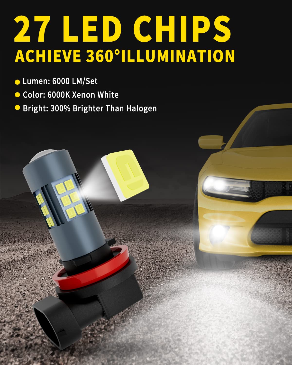 H11 H8 H9 H16 LED Fog Light Bulbs & DRL - 3000 Lumens Super Bright, 6000K Xenon White - 300% Brighter - Non-Polarity Plug & Play - 360° Illumination with 27 SMD Chips - Perfect for Car, Truck, SUV Headlights (Pack of 2) - Ideal for Night Driving, Foggy Conditions & Off-Road Adventures