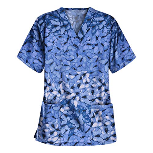 Women's Short Sleeve V-Neck Printed Scrub Tops - Comfortable Workwear Uniform Tunics for Nurses, Medical Professionals & Healthcare Workers - Perfect for Hospitals, Clinics & Healthcare Facilities