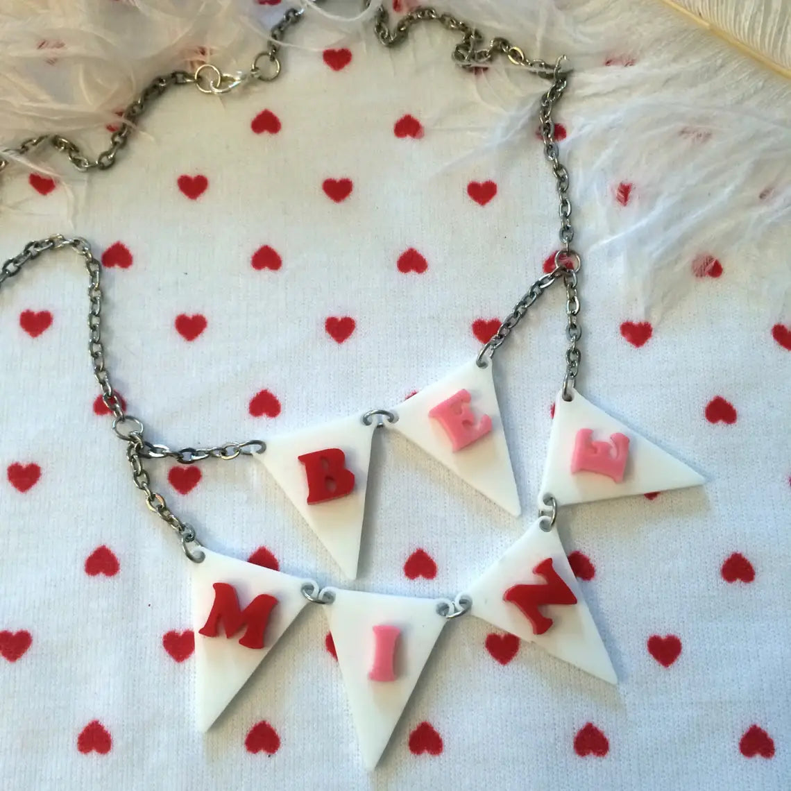 BE MINE Acrylic Laser Cut Bunting Necklace - Cute Heart Pendant Jewelry for Women | Perfect for Valentine's Day, Anniversary & Romantic Gifts
