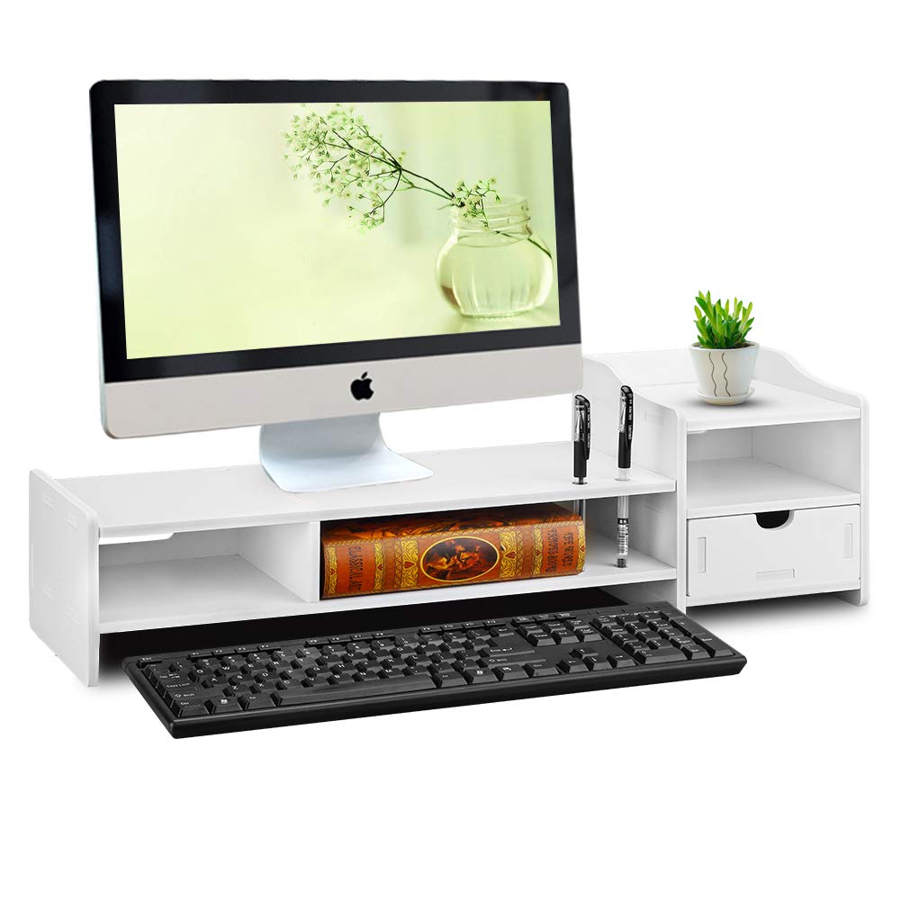 Ergonomic Monitor Stand Riser with Storage Drawer - White Desktop Organizer for Computer & Laptop (26x8x7 inches) - Perfect for Home Office, Gaming Setup & Workspace Organization