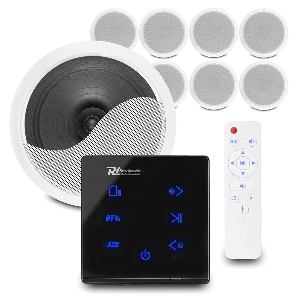 Power Dynamics Bluetooth Ceiling Speaker System - Wireless Home Audio Kit with A100B Wall Amplifier, 8x CSPS6 6.5 Inch Speakers & Installation Cables - Multi-Room Stereo Sound for Living Room, Bedroom, Office & Outdoor Entertainment