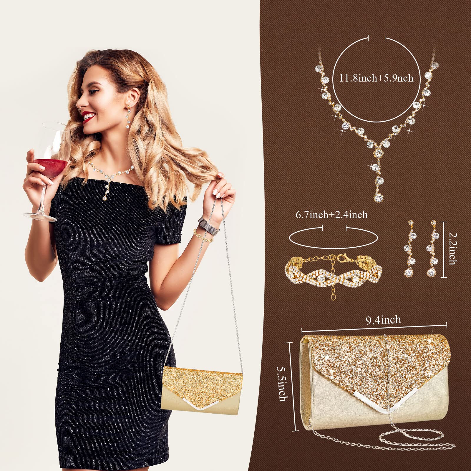 Henoyso 5-Piece Rhinestone Jewelry Set with Clutch Purse - Necklace, Earrings & Bracelet for Women | Bridal, Prom & Evening Party Accessories