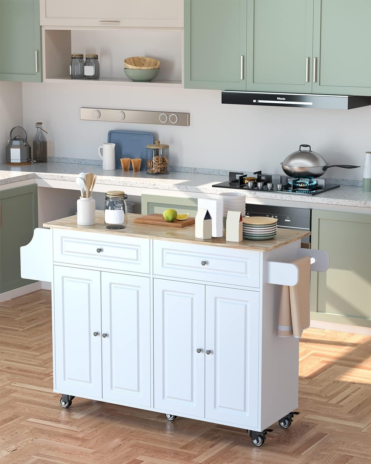 Rolling Kitchen Island Cart with Natural Rubber Wood Top - Mobile Kitchen Cart with Double Storage Cabinets & Drawers - White Kitchen Workstation for Small Spaces & Apartment Cooking