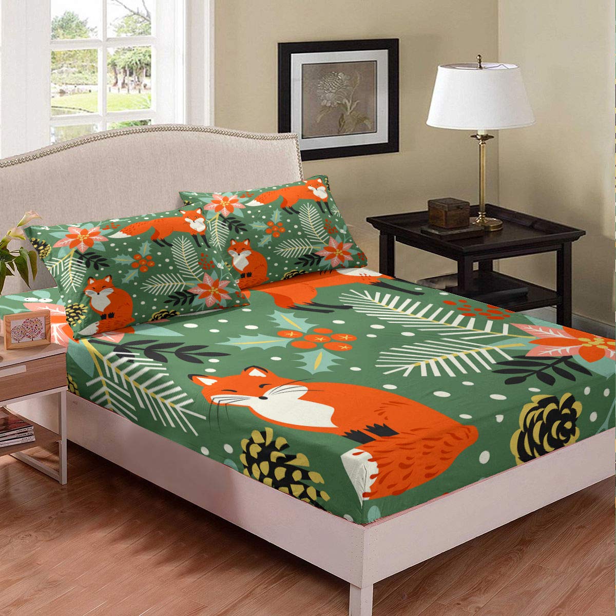 Wild Fox Cartoon Print Queen Size Duvet Cover Set - 3 Piece Bedding with Deep Pockets (1 Duvet Cover + 2 Pillowcases) - Leaf Floral Forest Animal Theme for Kids & Teens Bedroom - White Dots & Red Tomato Design - Perfect for Nursery, Dorm Room or Cozy Cabin Retreat