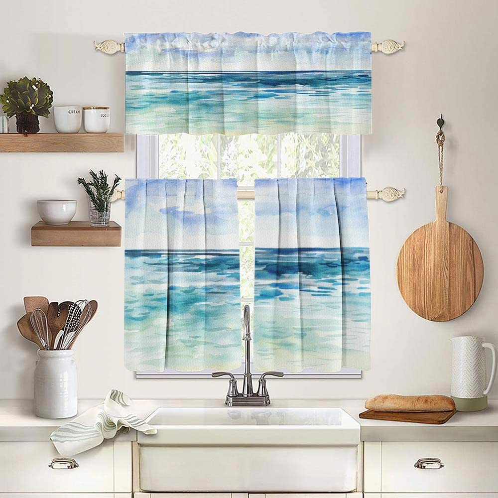 Jacrane Coastal Beach Kitchen Curtain Set - 3 Panels, Rod Pocket, Half Window Treatments for Small Windows, Short Valance for Living Room | Perfect for Beach House Decor, Seaside Kitchen, and Coastal-Themed Home Interiors