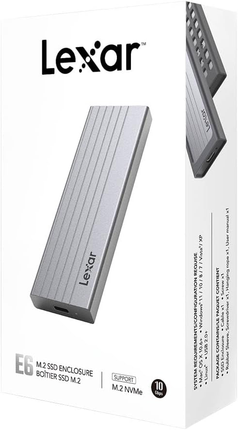 Lexar E6 M.2 NVMe SSD Enclosure - USB 3.2 Gen 2 (10Gbps) External Hard Drive Case for PC, Mac, Laptop - Portable Storage Solution for Gaming, Video Editing & Data Backup