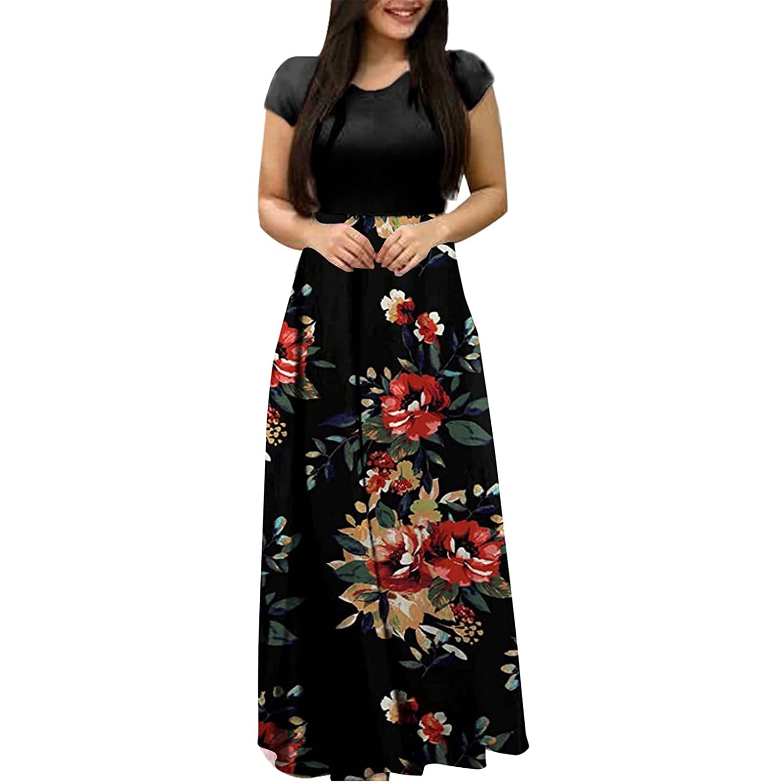 ZEFOTIM Women's Floral Print Maxi Dress - Summer Casual Bodycon Dress with Short Sleeve Crewneck for Beach, Party & Everyday Wear