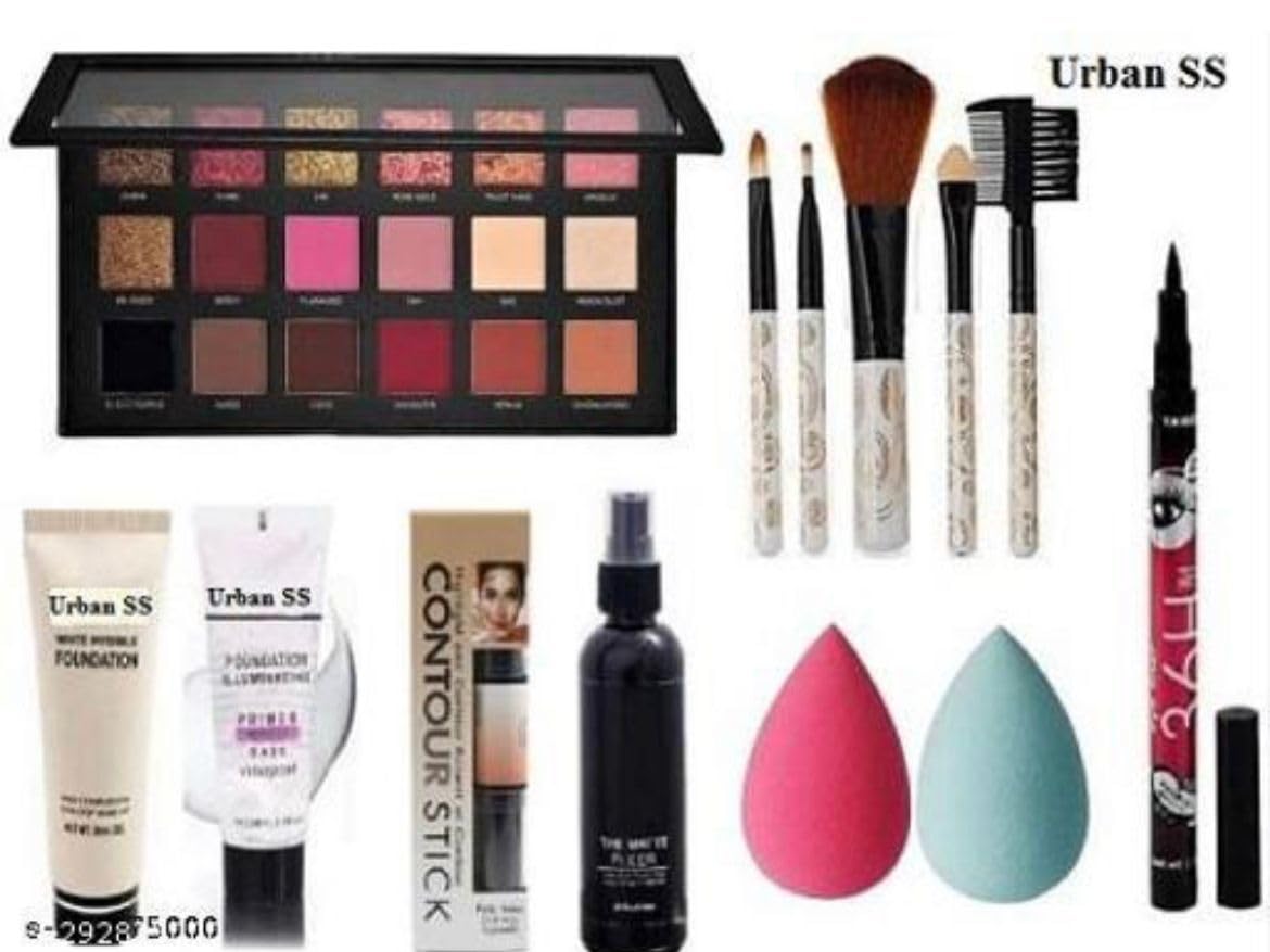 SSP Enterprises Rose Gold Eyeshadow Brush Set - Multicolor Foundation, Contour Stick, Primer, Makeup Fixer with 2 Pink Blenders & Waterproof Kajal | Professional Makeup Kit for Daily Use, Bridal & Party Looks