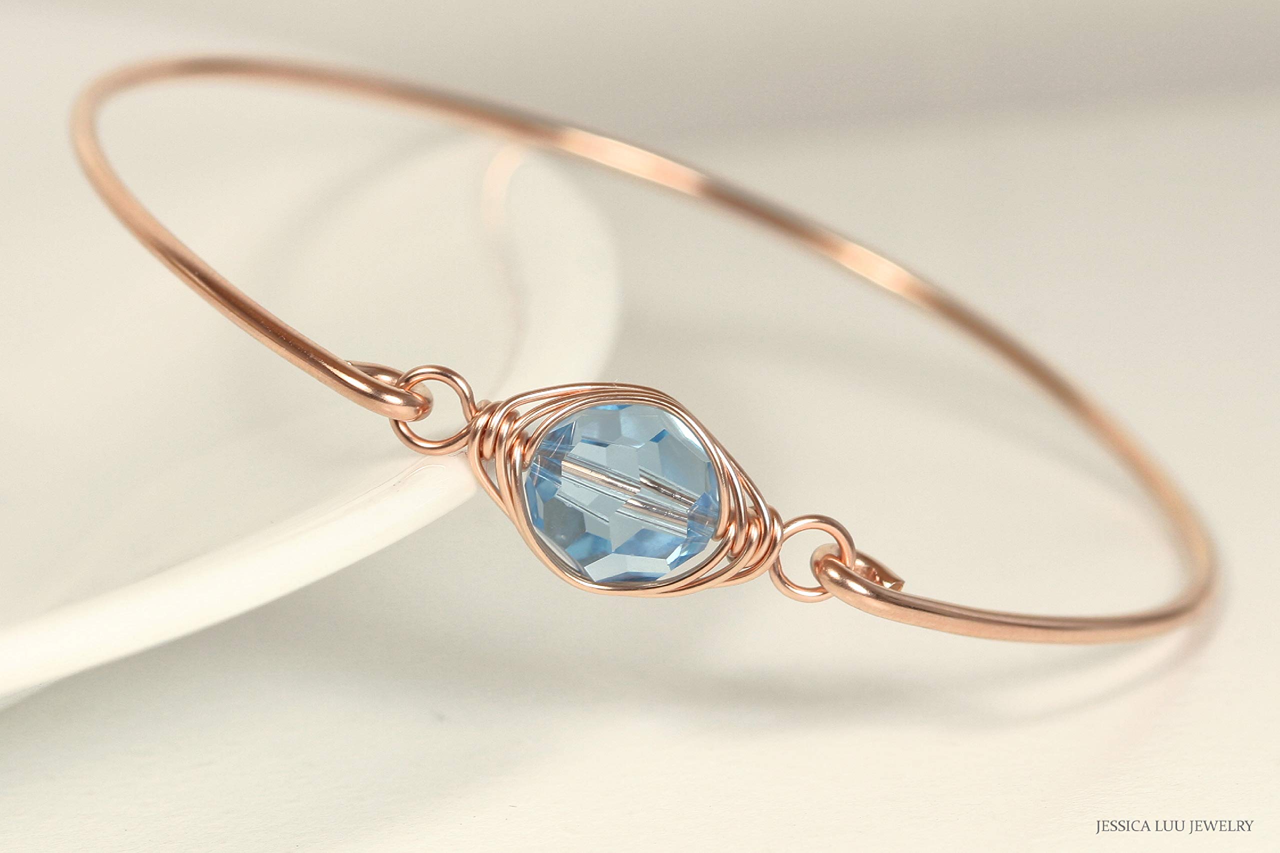 Handmade Rose Gold Aquamarine Crystal Bangle Bracelet for Women - Elegant Gift for Birthday, Anniversary & Special Occasions