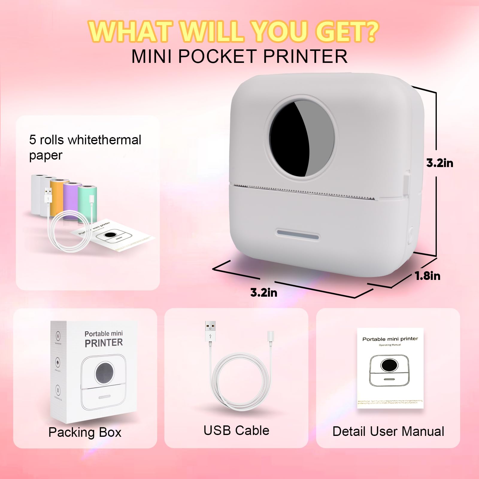 BRONA Notebuddy Mini Portable Bluetooth Thermal Printer - Wireless Inkless Pocket Printer for iOS & Android with 5 Thermal Paper Rolls - Perfect for Journaling, DIY Scrapbooking, Travel Notes, Shopping Lists, Labels & Memos - Compact Receipt Printer for Home, Office & On-the-Go Use