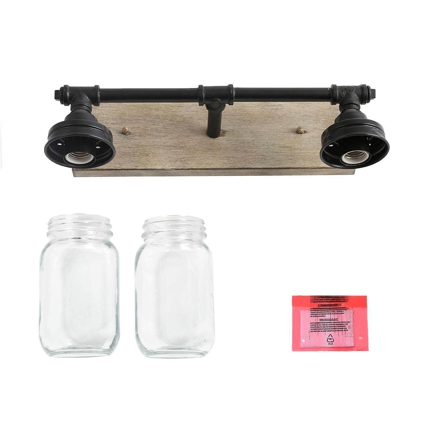 LALUZ Farmhouse Vanity Light Fixture with Mason Jar Shades - 2 Light Faux Wood Bathroom Sconce, Black Finish - Perfect for Rustic Bathroom, Bedroom, or Entryway Lighting