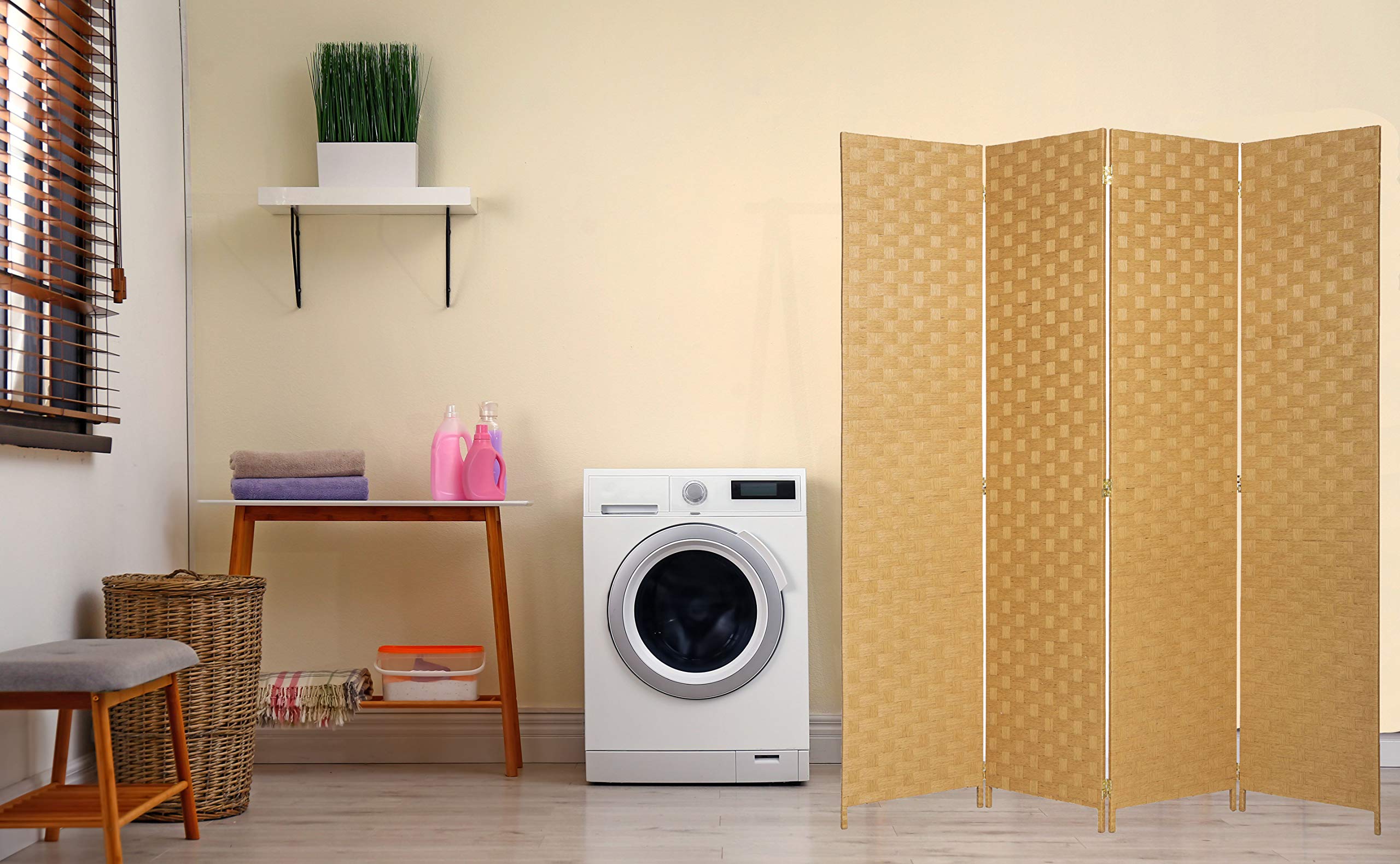 Bamboo Woven Room Divider - 4 Panel Beige Privacy Screen for Home & Office Decor