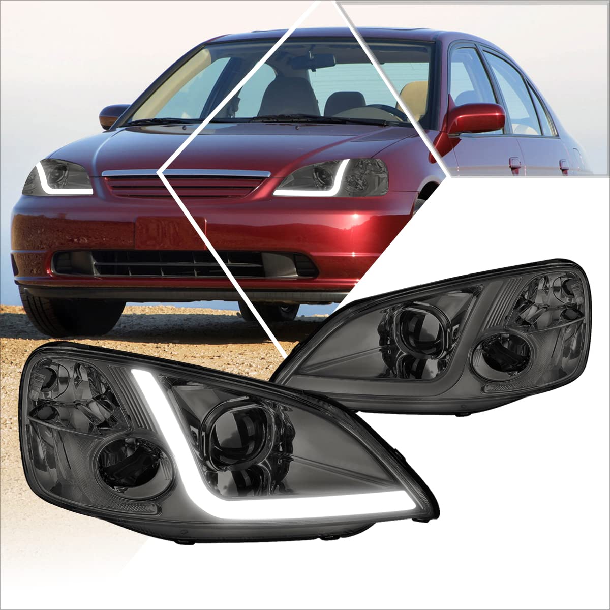 PM PERFORMOTOR Projector Headlights Assembly with LED DRL - Compatible with 2001-2003 Honda Civic Coupe & Sedan - Smoked Lens - Upgrade for Night Driving & Enhanced Style