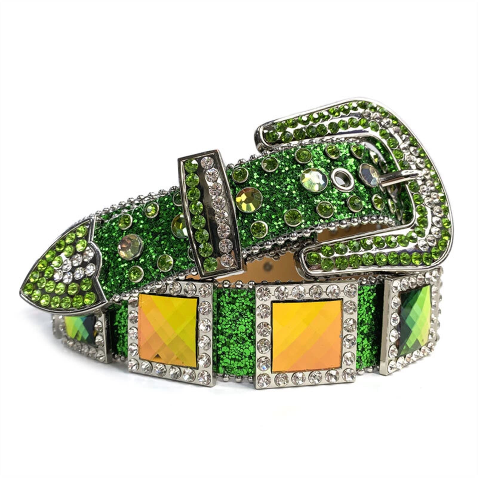 Stylish Rhinestone Crystal Studded Shiny Buckle Belt for Women & Men - 44 Inch Green Fashion Accessory | Perfect for Parties, Weddings & Evening Dresses