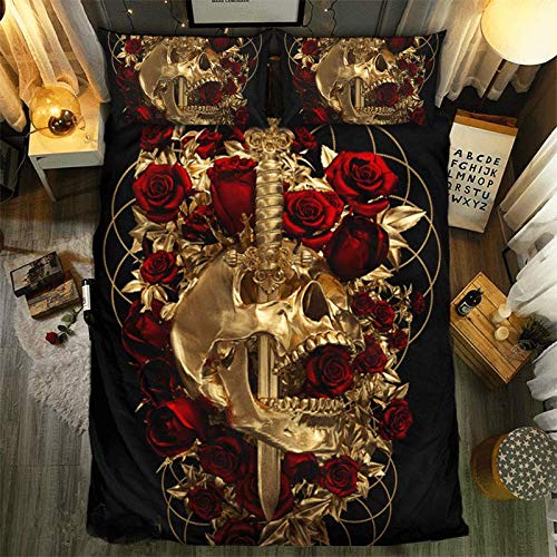 Luxury Sugar Skull Duvet Cover Set with Pillowcases - 3 Piece Queen Size Bedding for Halloween, Day of the Dead Decor - Full/King/Twin Size (Comforter Not Included) - Perfect for Themed Bedrooms & Holiday Gift Giving