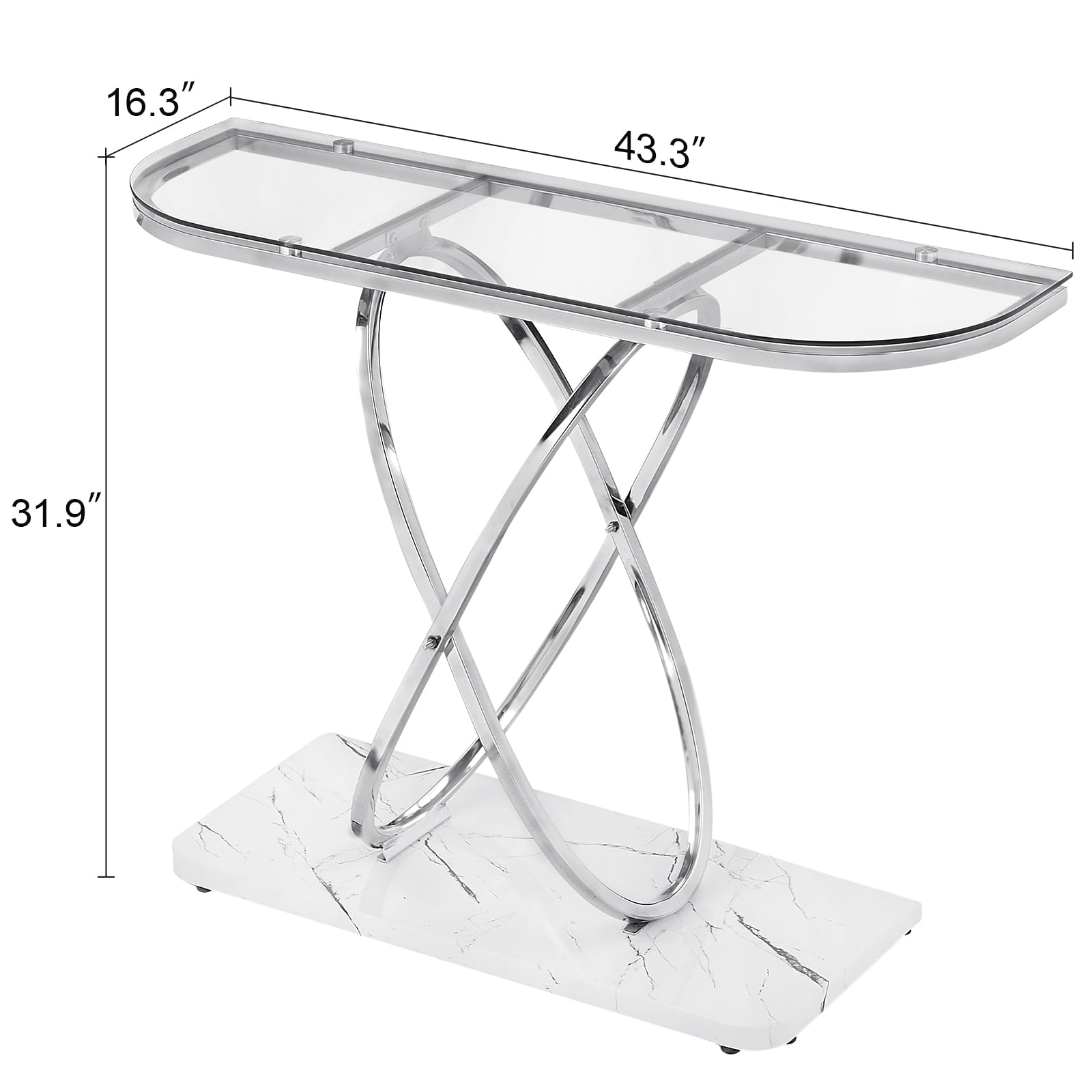 Modern Entryway Table with Oval Frames & Marble MDF Base - Tempered Glass Console Table for Living Room, Hallway, Bedroom - Silver & Clear Glass - Perfect for Small Spaces, Apartment Decor, and Home Entryway Organization
