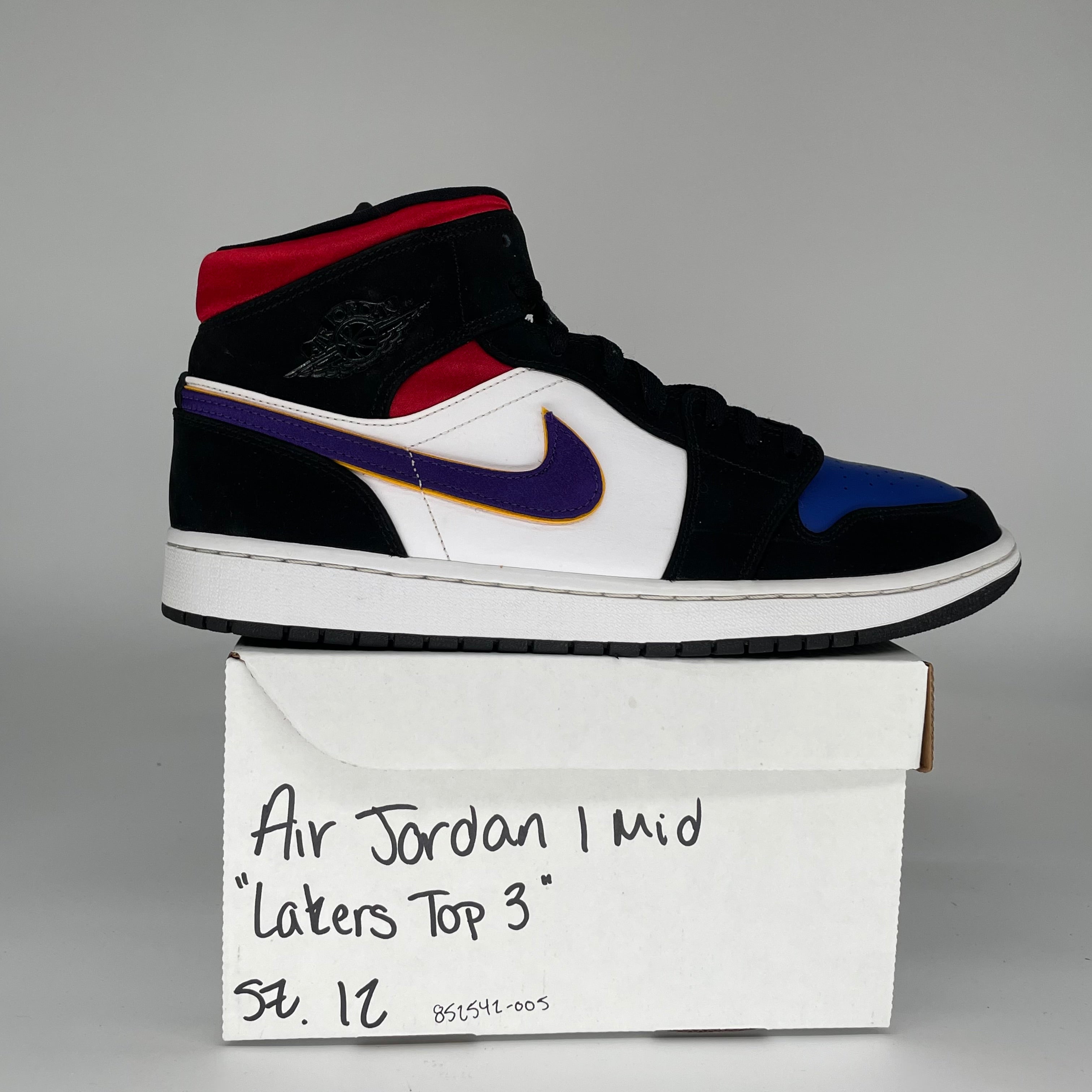 AIR JORDAN 1 MID LAKERS TOP 3 Basketball Shoes - Men's Size 12 (852542-005) - Purple, Gold & Black Colorway - Perfect for Streetwear, Sneaker Collecting & Basketball Games