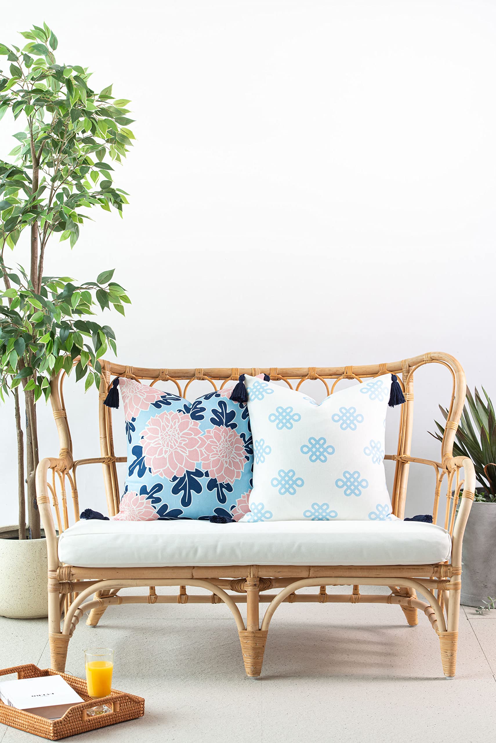 Blue Greek Key Knot Tassel Pillow Cover 18x18 - Coastal Style Indoor Outdoor Decorative Cushion for Patio, Sofa & Bedroom Decor