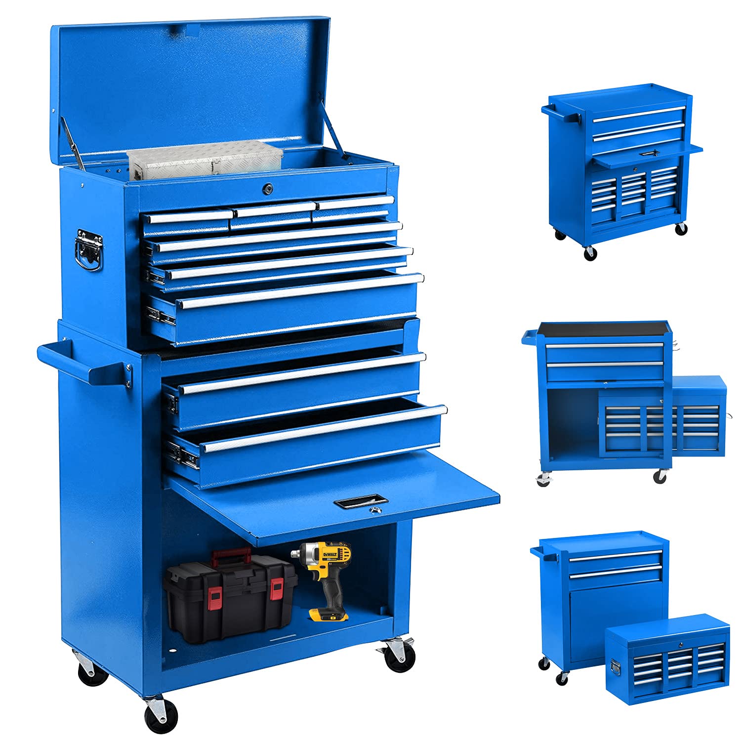 8-Drawer Rolling Tool Chest & Detachable Organizer - 2-in-1 High Capacity Tool Storage Cabinet with 4 Wheels & Lockable Lined Drawers for Garage, Warehouse, Workshop (Blue) - Perfect for Mechanics, DIY Enthusiasts & Professional Tool Organization