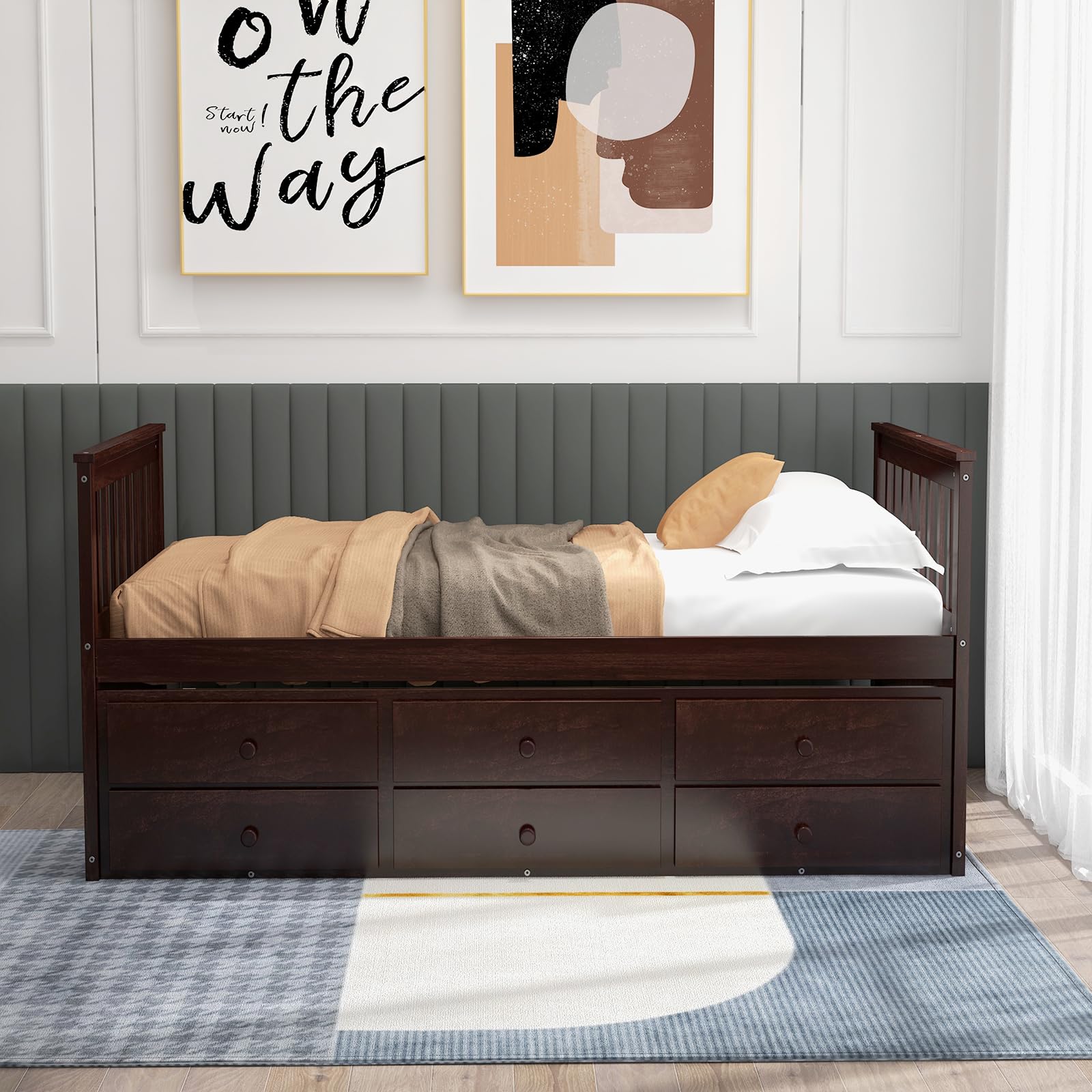 Giantex Twin Captain's Bed with Trundle - Wooden Daybed with 3 Storage Drawers for Kids, Teens & Adults - No Box Spring Needed - Espresso Finish - Perfect for Guest Rooms, Small Bedrooms & Dorm Rooms
