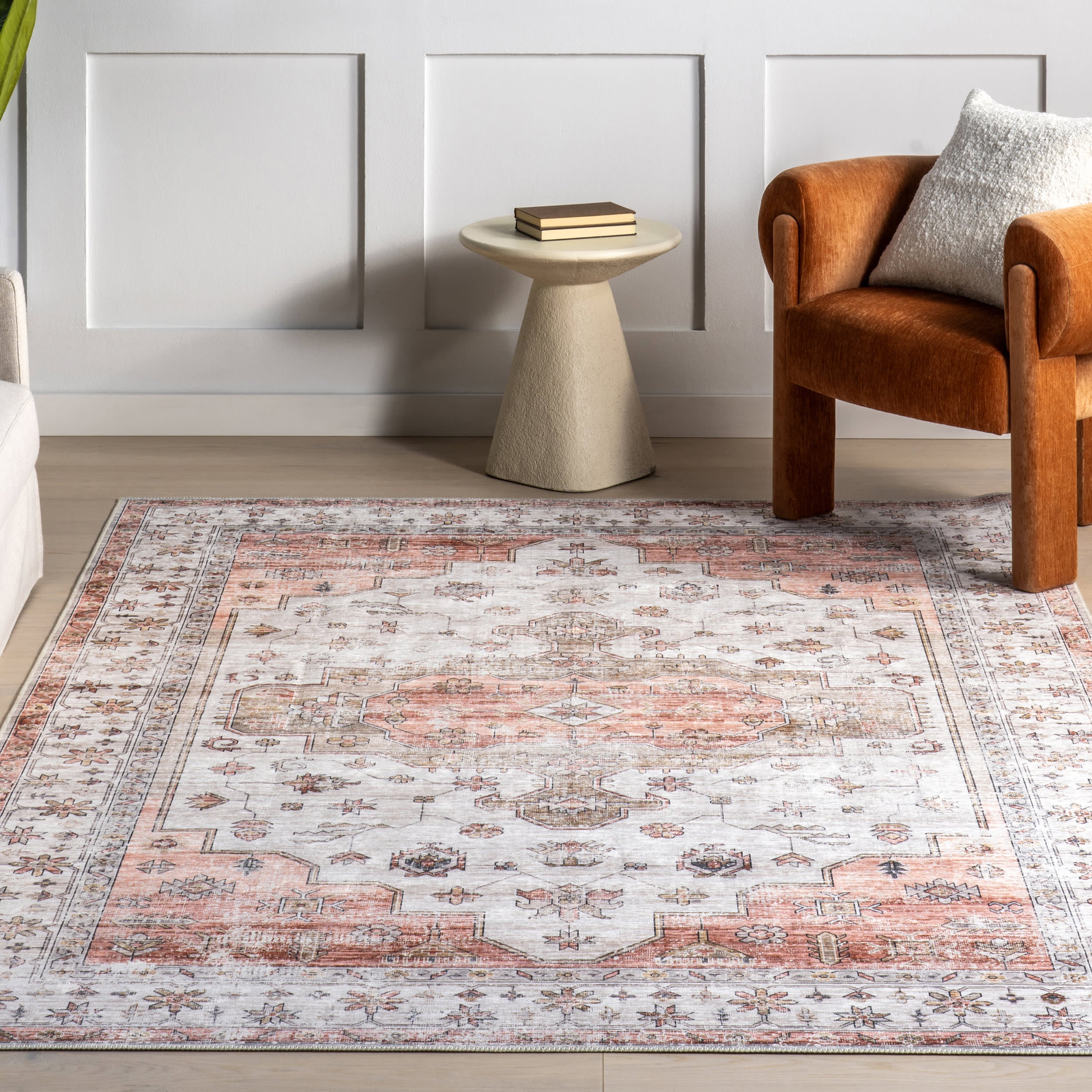 Francis Cartouche Medallion Spill Proof Washable Rug - Beige Non-Slip Area Rug for Living Room, Bedroom & Kitchen | Stain Resistant & Easy Clean Home Decor