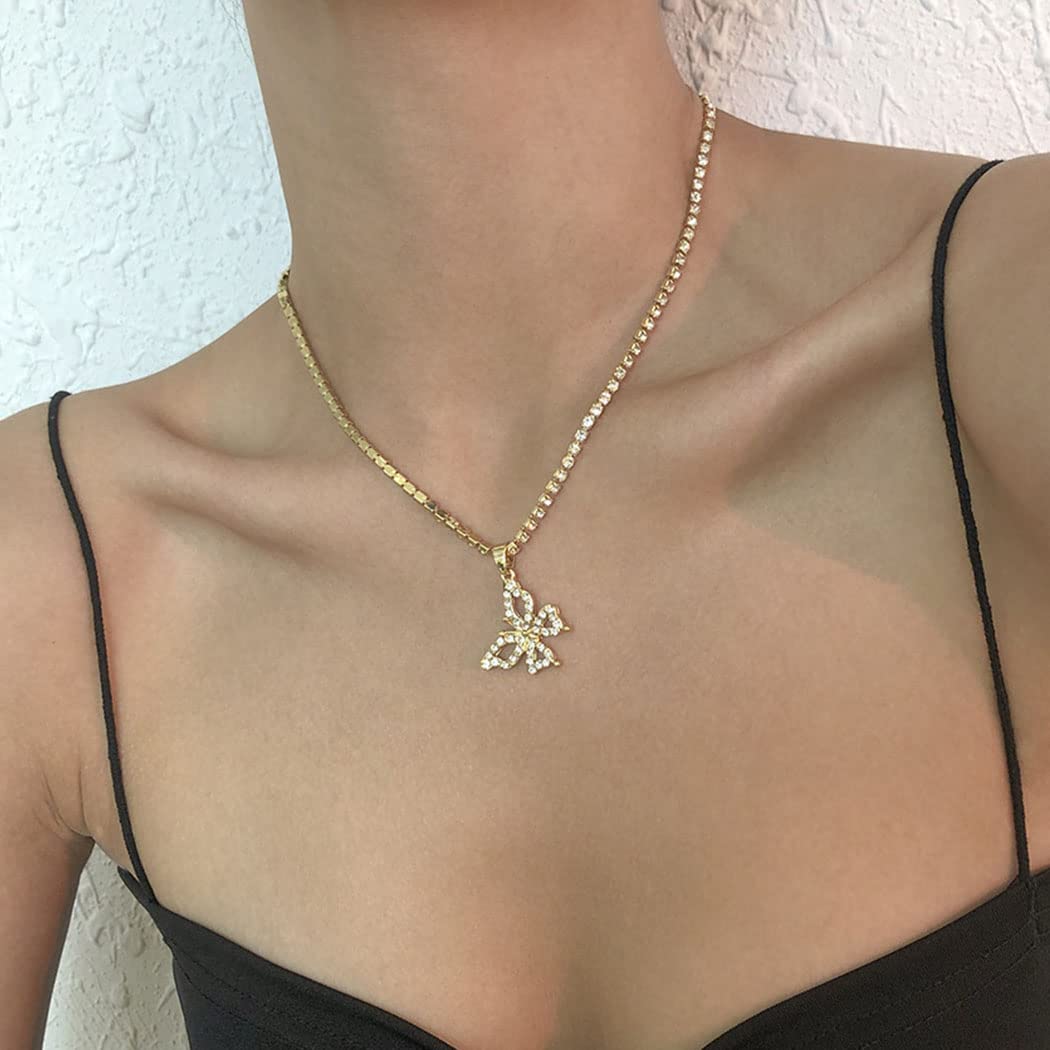 Elegant Gold Crystal Butterfly Pendant Choker Necklace - Sparkly Rhinestone Hip Hop Jewelry for Women & Girls | Perfect for Parties, Clubs, and Everyday Wear