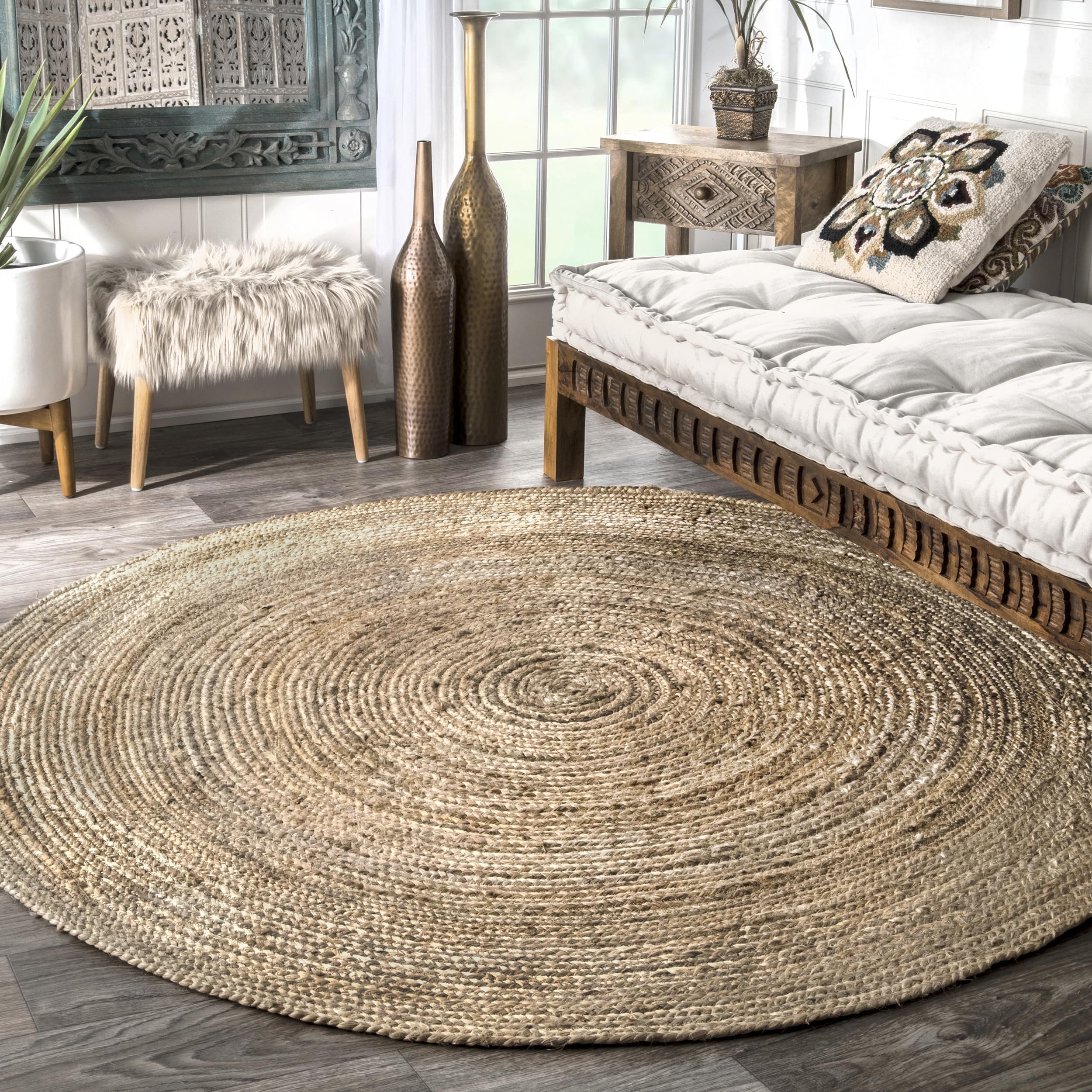 nuLOOM 8' Round Rigo Jute Hand Woven Natural Fiber Area Rug - Farmhouse Solid Design for Bedroom, Living Room, Dining Room, Hallway, Office, Kitchen & Entryway - Perfect for Boho, Coastal & Rustic Home Decor