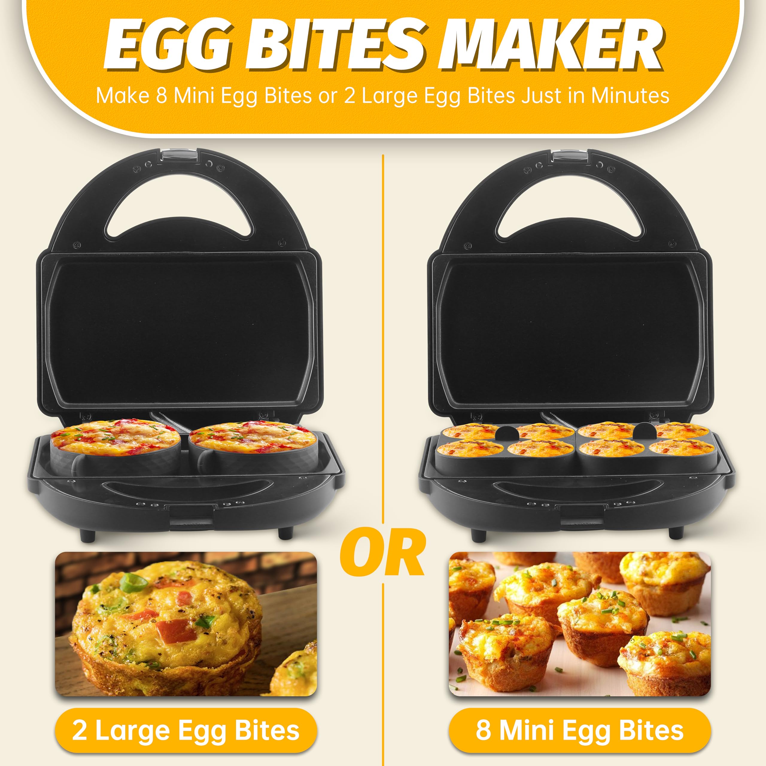 Sous Vide Egg Bite Maker with 4 Silicone Molds - Grilled Cheese & Mini Griddle for Breakfast Sandwiches, Snacks, Desserts - Makes 8 Mini & 2 Large Egg Bites - Perfect for Quick Breakfasts, Kids Lunches, and Party Appetizers