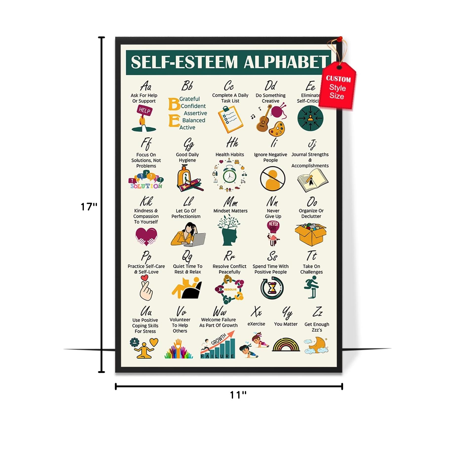 LOLUIS Mental Health Poster - Therapy & Educational Art Print for Classroom, School & Office Decor (Self Esteem, Coping Skills Alphabet) - Perfect for Counselors, Teachers & Mental Health Awareness