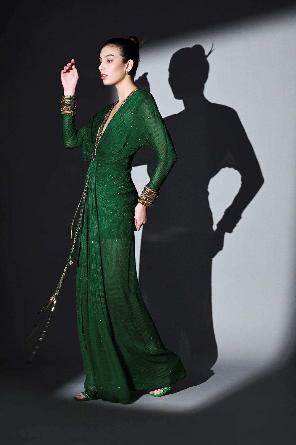 Elegant Emerald Green Draped Dress with Handcrafted Gold Embroidery - Perfect for Weddings, Parties & Special Occasions