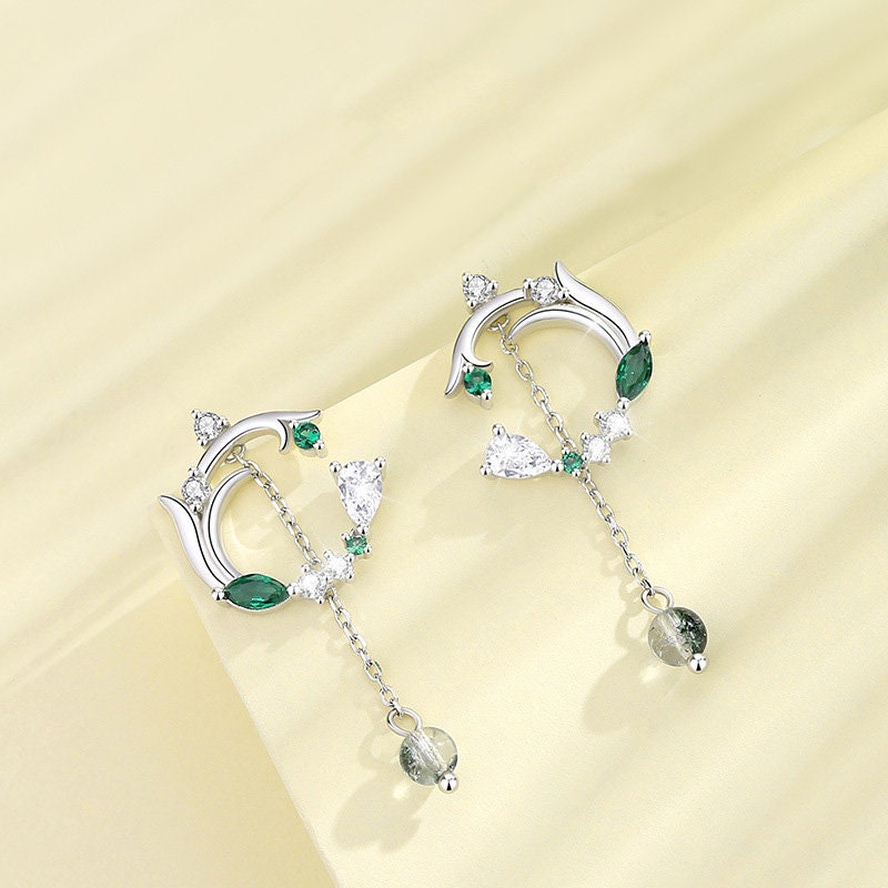 Forest Moss Agate Emerald Wedding Jewelry Set - Solitaire Green Crystal White Gold Dainty Pendant Necklace, Nature-Inspired Stud Earrings & Bracelet - Perfect for Bridal, Anniversary & Boho Chic Outfits